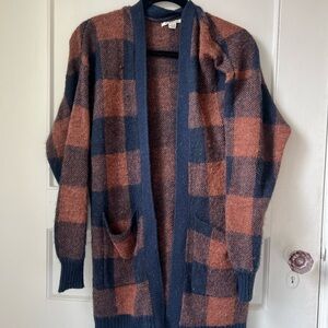 American Eagle Long Navy & Rust Plaid Cardigan